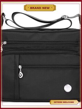 Waterproof Nylon Shoulder Bag with Multiple Pockets, Adjustable Strap Tote